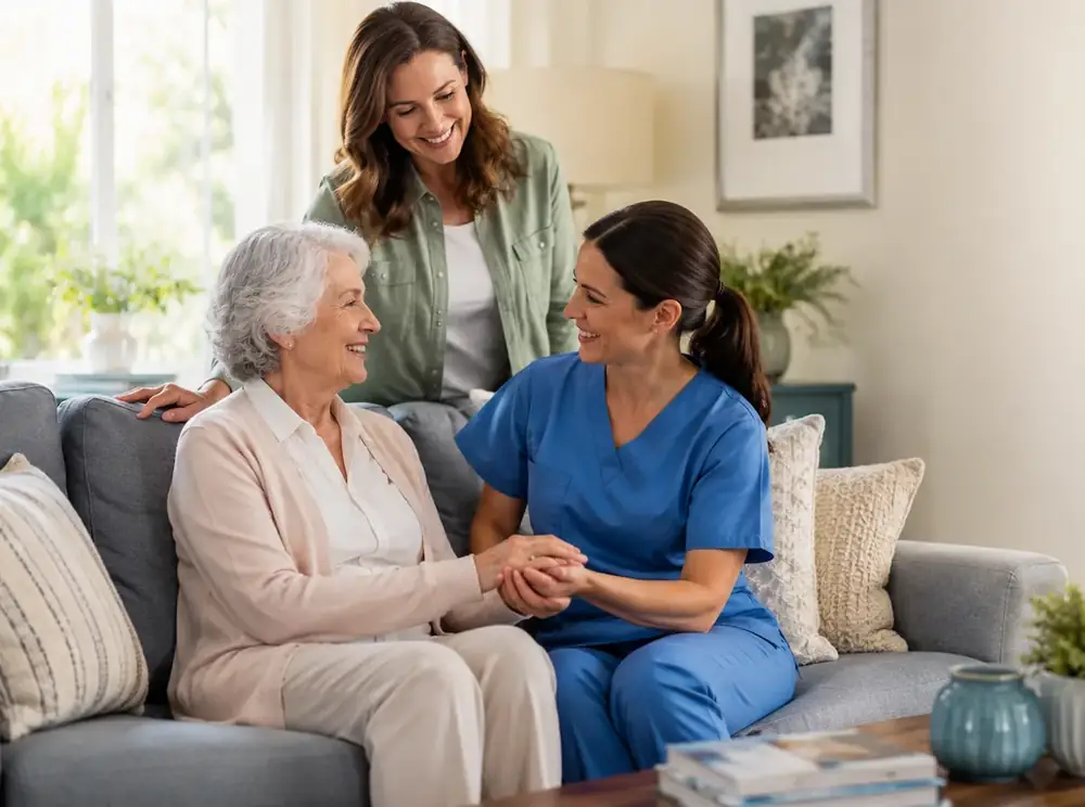 Two Sidekicks Care caregivers visiting with a senior woman in her living room