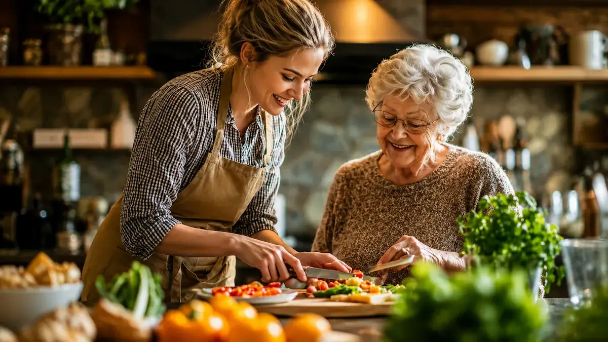 A caregiver preparing a fresh meal with a senior woman