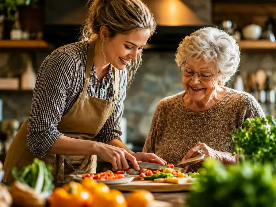 A caregiver cooking a healthy meal with a senior woman
