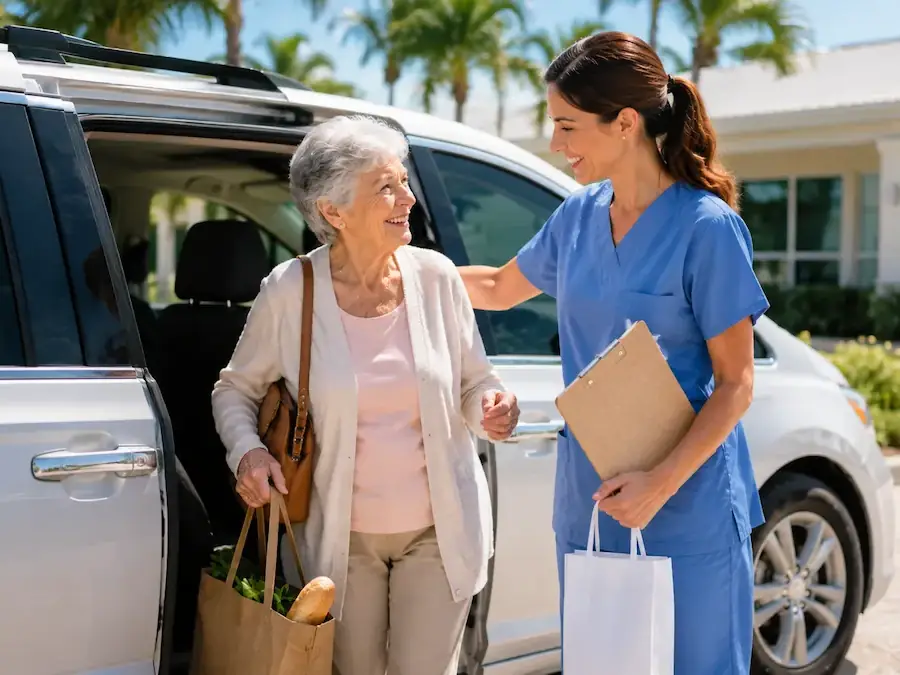 A caregiver helping a senior woman out of a car with her shopping bags