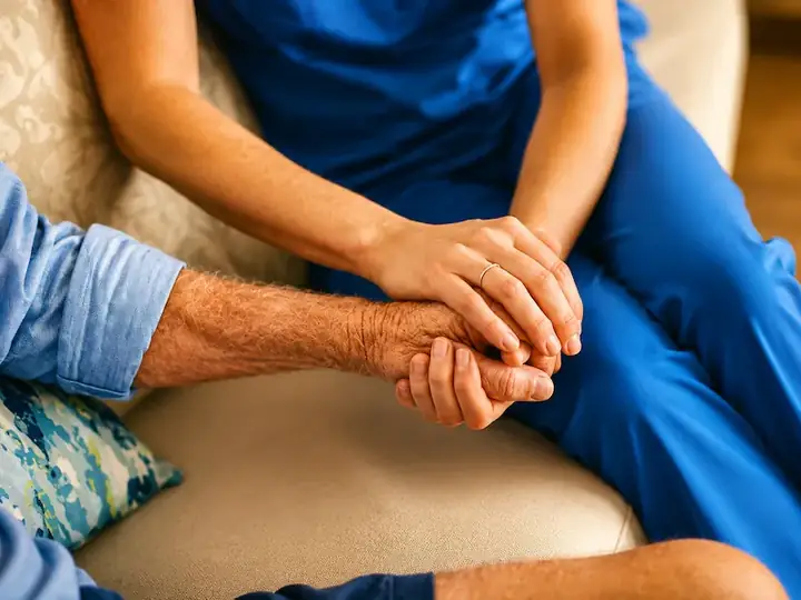 A caregiver's hands resting on a recovering patient's hands
