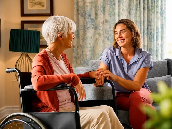 A caregiver holding hands with a senior woman in a wheelchair